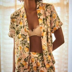 Anthropologie Cream Pajama Set with Yellow Citrus Print